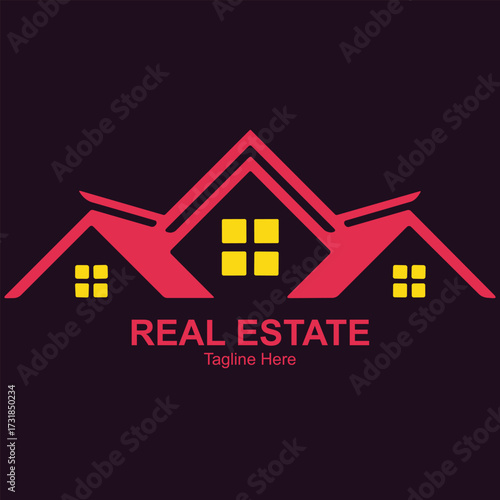 Illustration of vibrant logo with three red house roofs and yellow windows, text reales tate on a dark purple background