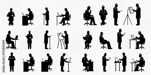 Silhouettes of medical professionals and doctors performing various tasks like working on computers, examining, and presenting.