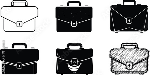 Briefcase silhouettes, business bag icons, office work design, black corporate symbol, professional luggage art, career illustration pack, stylish business case