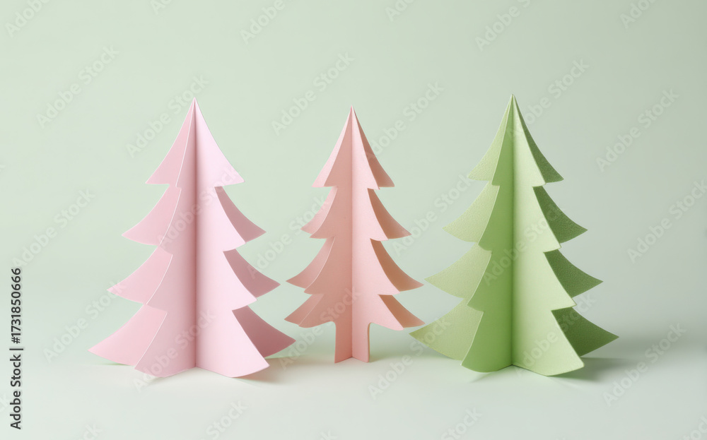 Fototapeta premium Three simple paper Christmas tree models in pink and green colors on a pastel background