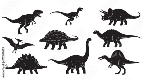 Set of dinosaur silhouettes prehistoric animals in black vector illustration isolated on white background