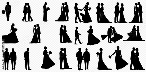 A comprehensive collection of black wedding silhouettes depicting brides, grooms, and couples in various romantic and joyful poses.