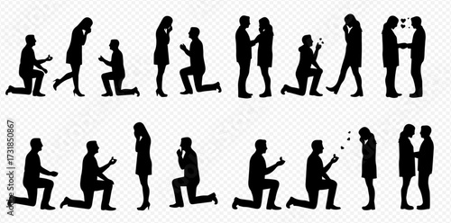 Silhouettes of men proposing to women, depicting various stages of a marriage proposal and romantic embrace.