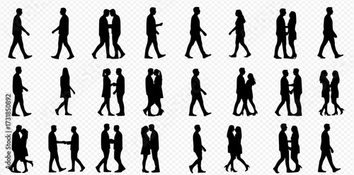 Silhouettes of diverse people and couples walking, interacting, embracing, and kissing, depicted in various poses.
