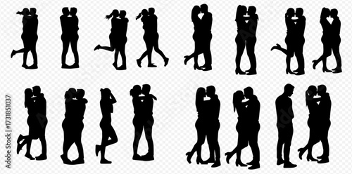 Collection of black silhouettes showing couples embracing and kissing with affection.