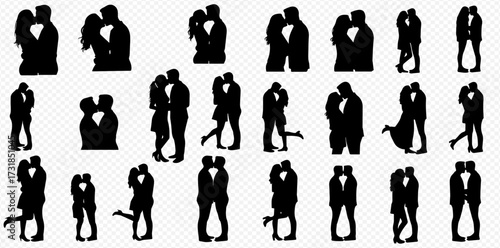 Collection of black silhouettes depicting loving couples kissing and embracing in various romantic poses.