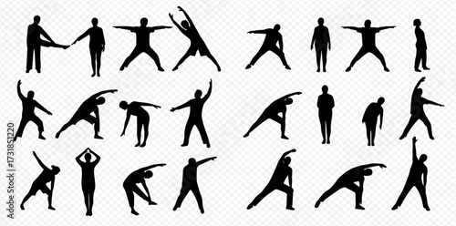 Collection of black silhouettes depicting people performing various stretching and exercise poses, illustrating different dynamic movements for fitness and wellness.