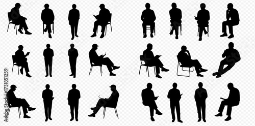A collection of diverse black silhouettes depicting people standing and sitting in various poses, some interacting with digital devices.