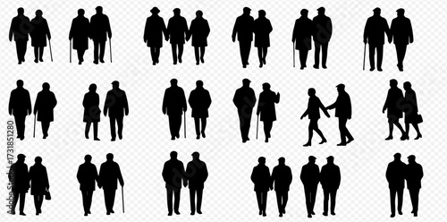 Collection of black silhouettes depicting senior couples and individuals walking and standing, some with walking sticks, against a transparent background.