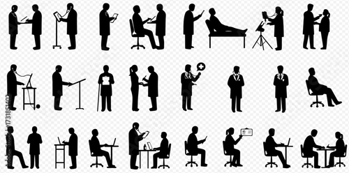 Silhouettes of doctors and patients engaged in medical consultations, examinations, and professional discussions in various healthcare and office settings.
