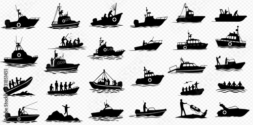 A collection of black silhouette icons depicting various boats and people engaged in water activities like fishing, sailing, and recreation.