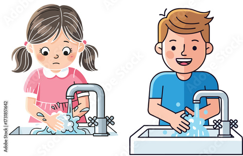 Children washing hands illustration, kids hygiene education, soap and water, healthy habits
