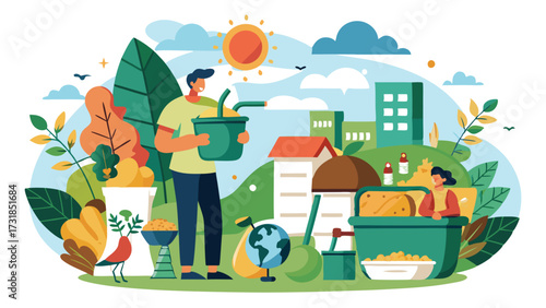 Vector illustration of people composting organic waste in a city park, promoting sustainability and ecofriendly living with plants and buildings in the background
