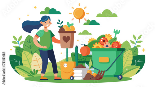 Vector illustration of woman composting organic waste in a garden, surrounded by lush greenery and plants, symbolizing a healthy and sustainable lifestyle
