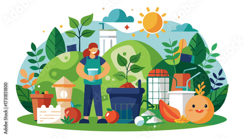 Vector illustration of woman planting a seedling in a pot with gardening tools and fruits, representing environmental care and sustainable living