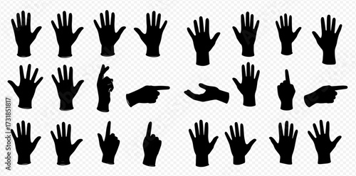 A collection of black hand silhouettes displaying various gestures and poses against a transparent background.