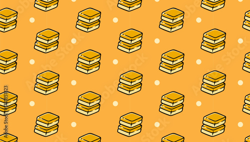 Nian gao rice cake with dot colorful pattern on yellow background. Steamed cake doodle seamless pattern background. Glutinous cake isolated motif wallpaper. food, restaurant, dessert packaging