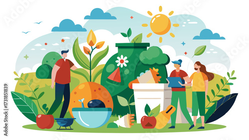 Vector illustration of diverse group of people engaged in organic farming and healthy eating, surrounded by fresh produce and lush greenery, promoting a sustainable lifestyle