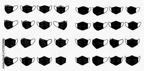 Collection of black face mask silhouettes in various angles and styles on a transparent background.