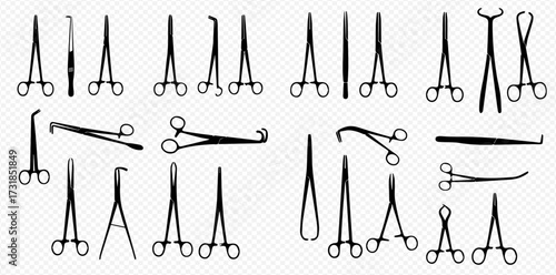 A comprehensive set of various surgical instruments, including clamps, forceps, and retractors, presented as black silhouettes.