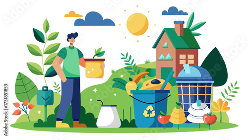 Vector illustration of gardening and ecofriendly living concept with a man tending to plants and a house in the background, symbolizing sustainability and nature