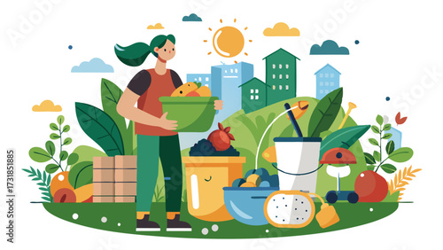 Vector illustration of woman carrying a basket of fresh produce in an urban garden setting with buildings in the background, representing city farming and sustainable urban living