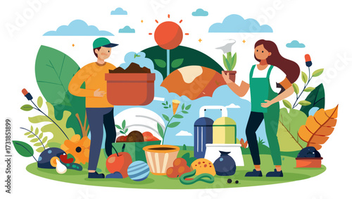 Vector illustration of man and woman gardening together, planting seedlings and handling soil, with a vibrant natural background, symbolizing teamwork, growth, and a connection with nature