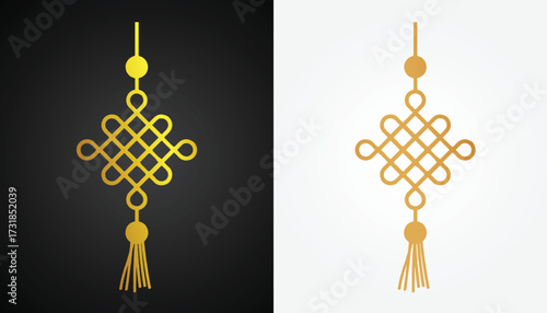 Vector image of a Chinese lantern hanging motif logo with beautiful and cool gold color variations with a cool bamboo circle motif with a black and white background for various design and branding pur