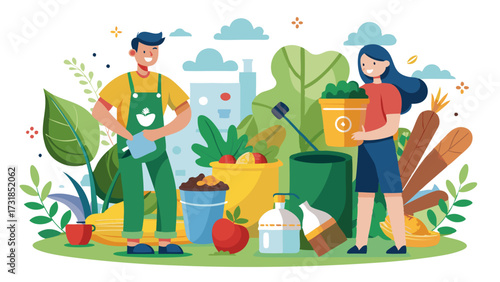 Vector illustration of a man and a woman are composting organic waste in a garden setting, surrounded by plants, vegetables, and recycling bins, promoting ecofriendly practices and sustainability
