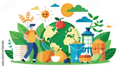 Vector illustration of man tending to a healthy planet with fresh produce and recycling bin, symbolizing environmental care and sustainable living