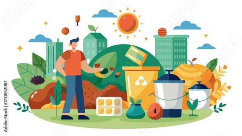Vector illustration of person interacting with recycling bins and urban greenery, representing city sustainability and waste management efforts