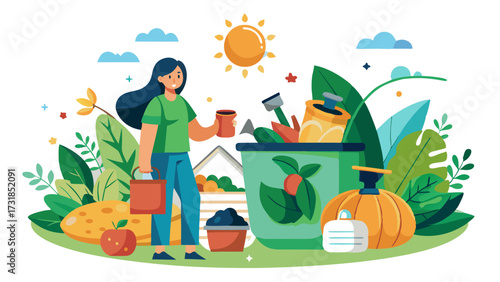 Vector illustration of woman engaged in gardening and composting, surrounded by fresh produce and ecofriendly elements, promoting a sustainable lifestyle