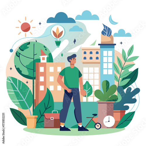 Vector illustration of urban sustainability and green living with a man, cityscape, renewable energy sources, and natural elements