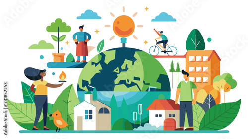 Vector illustration of diverse people engage in ecofriendly activities around the globe, promoting sustainability, renewable energy, and a healthy planet with a bright sun and green trees