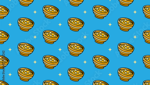 Tangyuan rice ball with light colorful pattern on blue background. Sweet dumpling bowl doodle seamless pattern background. Yuan Xiao soup dessert isolated motif for food, restaurant, dessert packaging