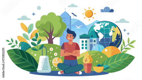 Vector illustration of a person sits crosslegged in a lush green environment with a globe, city skyline, and scientific equipment, representing global environmental awareness and innovation
