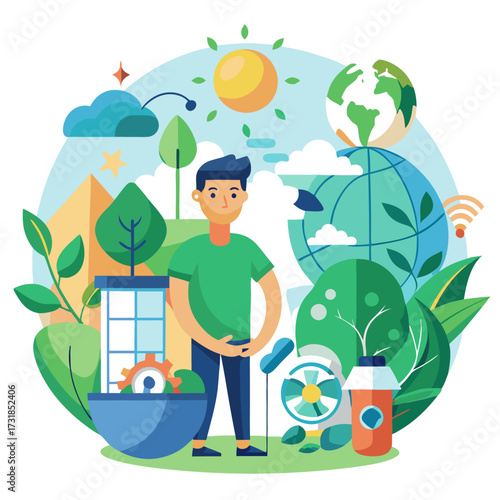 Vector illustration of a person in a green shirt stands amidst a lush green environment with a globe, buildings, and renewable energy symbols, representing a sustainable future and ecofriendly living