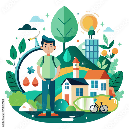 Vector illustration of young man with a backpack in a sustainable city, featuring a bicycle, solar panels, and ecofriendly architecture, representing a conscious lifestyle