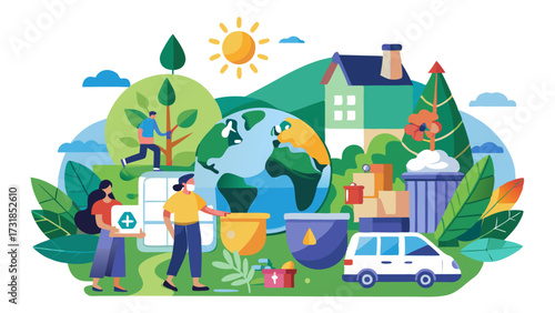 Vector illustration of illustration of people and a globe with recycling bins, a car, and houses, symbolizing environmental protection and sustainability