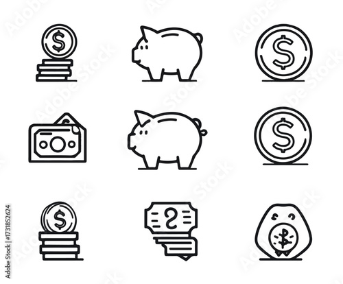 Financial Icon Set Representing Savings Money Investment and Economic Growth for Business or Personal Use