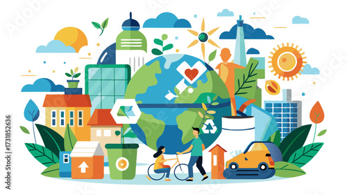 Vector illustration of people cycling and interacting with nature and ecofriendly elements like recycling bins and a globe, symbolizing a sustainable lifestyle