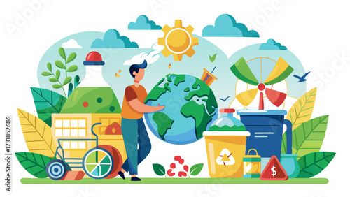 Vector illustration of man holding the earth with renewable energy sources and recycling symbols, representing environmental protection and sustainability
