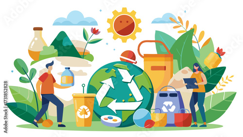 Vector illustration of people interacting with recycling bins and ecofriendly products, emphasizing waste management and environmental consciousness with a recycling symbol