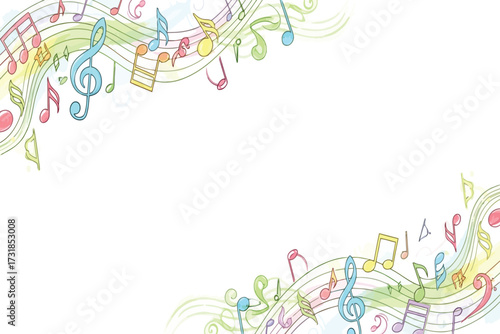 Vector art of a vibrant and whimsical musical background, featuring colorful notes and staff lines creating a joyful and artistic atmosphere