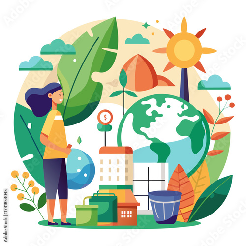 Vector illustration of woman tending to a sustainable city, symbolizing environmental responsibility and the importance of individual action in promoting ecological balance and green living