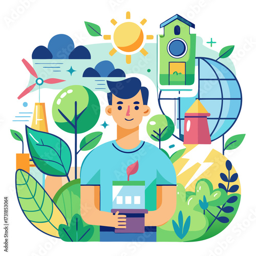 Vector illustration of man holding a potted plant, representing a commitment to environmental stewardship and the nurturing of a greener, healthier planet for future generations