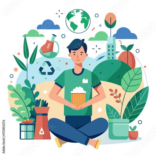 Vector illustration of a young man sitting crosslegged and holding a seedling, surrounded by symbols of environmentalism, recycling, and sustainable agriculture, promoting ecological awareness