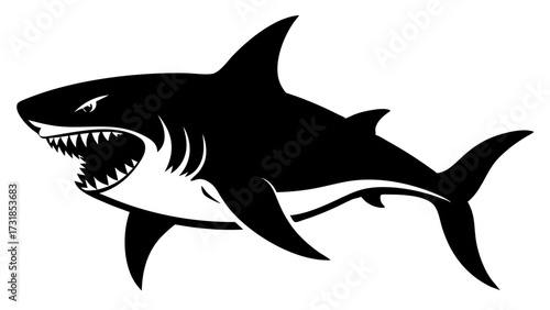 Vector illustration of aggressive black silhouette of a shark with sharp teeth and an intense gaze, isolated on a