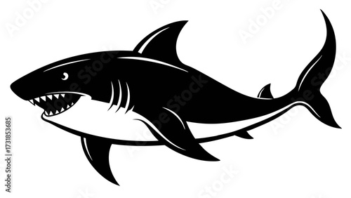 Vector illustration of black silhouette of a great white shark with its mouth open and teeth bared, isolated on a