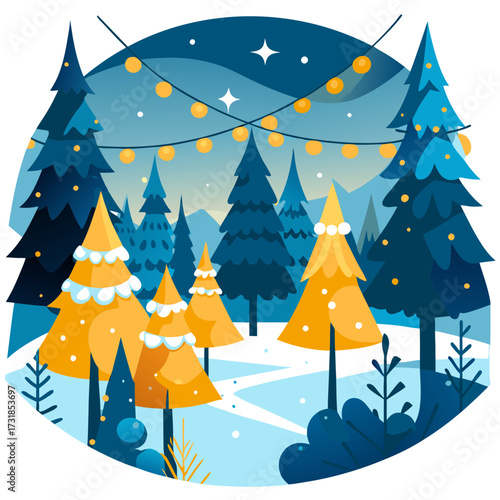 Vector illustration of a magical winter forest at night, with snowcovered pine trees adorned with glowing yellow lights under a starry sky